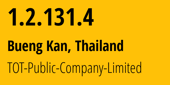 IP address 1.2.131.4 (Bueng Kan, Bueng Kan, Thailand) get location, coordinates on map, ISP provider AS23969 TOT-Public-Company-Limited // who is provider of ip address 1.2.131.4, whose IP address