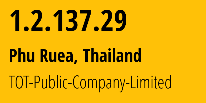 IP address 1.2.137.29 (Phu Ruea, Loei, Thailand) get location, coordinates on map, ISP provider AS23969 TOT-Public-Company-Limited // who is provider of ip address 1.2.137.29, whose IP address