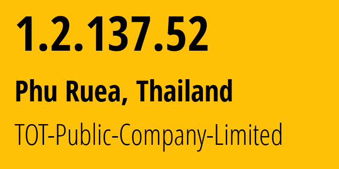 IP address 1.2.137.52 (Phu Ruea, Loei, Thailand) get location, coordinates on map, ISP provider AS23969 TOT-Public-Company-Limited // who is provider of ip address 1.2.137.52, whose IP address