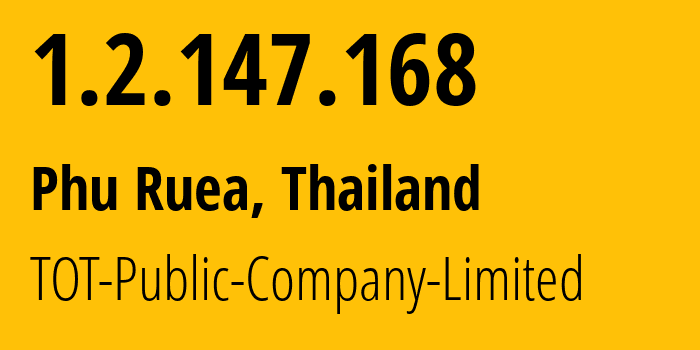 IP-адрес 1.2.147.168 (Phu Ruea, Лей, Таиланд) определить местоположение, координаты на карте, ISP провайдер AS23969 TOT-Public-Company-Limited // кто провайдер айпи-адреса 1.2.147.168