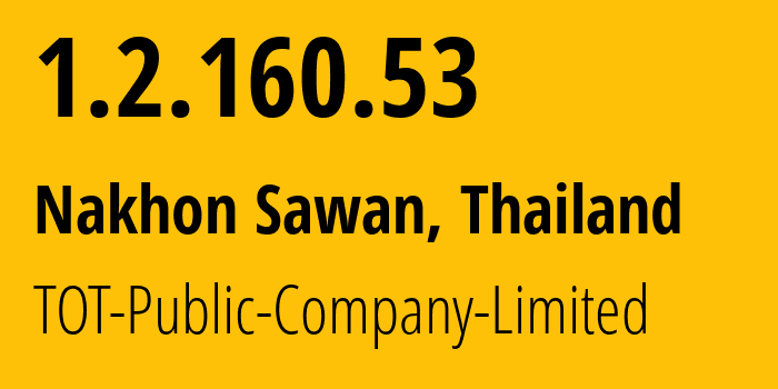 IP address 1.2.160.53 (Chainat, Chai Nat, Thailand) get location, coordinates on map, ISP provider AS23969 TOT-Public-Company-Limited // who is provider of ip address 1.2.160.53, whose IP address