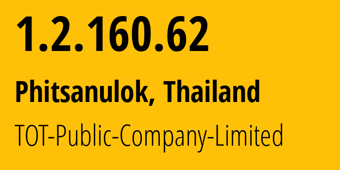 IP address 1.2.160.62 (Phitsanulok, Phitsanulok, Thailand) get location, coordinates on map, ISP provider AS23969 TOT-Public-Company-Limited // who is provider of ip address 1.2.160.62, whose IP address