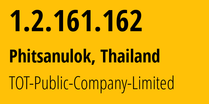 IP address 1.2.161.162 (Phitsanulok, Phitsanulok, Thailand) get location, coordinates on map, ISP provider AS23969 TOT-Public-Company-Limited // who is provider of ip address 1.2.161.162, whose IP address