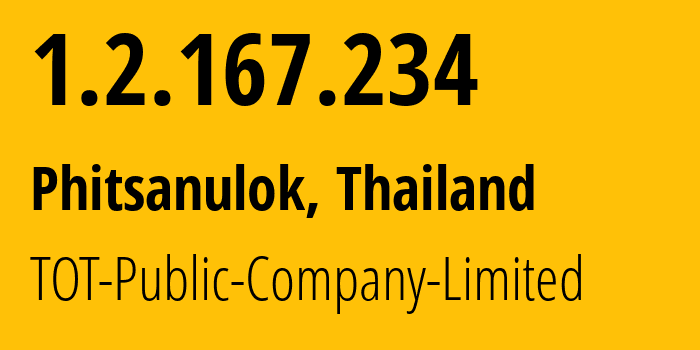 IP-адрес 1.2.167.234 (Пхитсанулок, Пхитсанулок, Таиланд) определить местоположение, координаты на карте, ISP провайдер AS23969 TOT-Public-Company-Limited // кто провайдер айпи-адреса 1.2.167.234