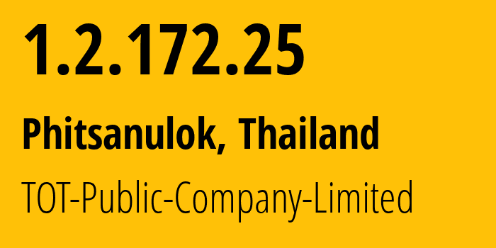 IP address 1.2.172.25 (Phitsanulok, Phitsanulok, Thailand) get location, coordinates on map, ISP provider AS23969 TOT-Public-Company-Limited // who is provider of ip address 1.2.172.25, whose IP address