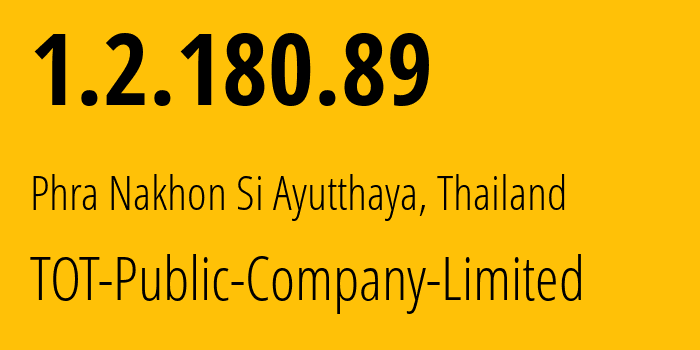 IP address 1.2.180.89 (Phra Nakhon Si Ayutthaya, Phra Nakhon Si Ayutthaya, Thailand) get location, coordinates on map, ISP provider AS23969 TOT-Public-Company-Limited // who is provider of ip address 1.2.180.89, whose IP address