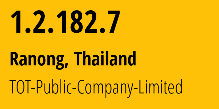 IP-адрес 1.2.182.7 (Ранонг, Ранонг, Таиланд) определить местоположение, координаты на карте, ISP провайдер AS23969 TOT-Public-Company-Limited // кто провайдер айпи-адреса 1.2.182.7