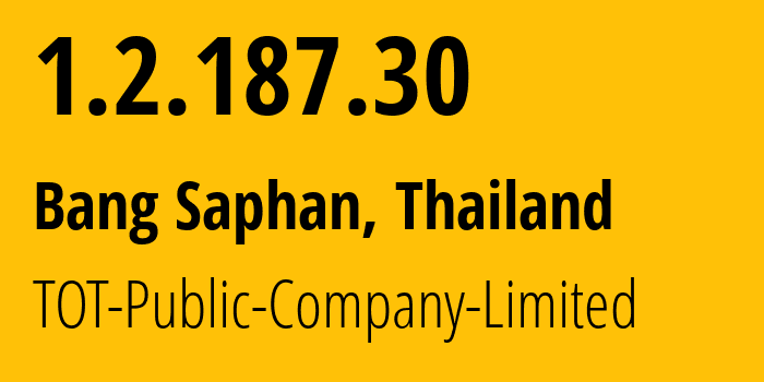 IP-адрес 1.2.187.30 (Bang Saphan, Прачуапкхирикхан, Таиланд) определить местоположение, координаты на карте, ISP провайдер AS23969 TOT-Public-Company-Limited // кто провайдер айпи-адреса 1.2.187.30