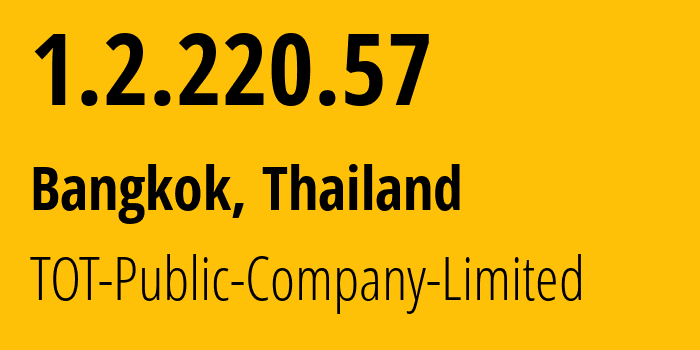 IP address 1.2.220.57 (Bangkok, Bangkok, Thailand) get location, coordinates on map, ISP provider AS23969 TOT-Public-Company-Limited // who is provider of ip address 1.2.220.57, whose IP address