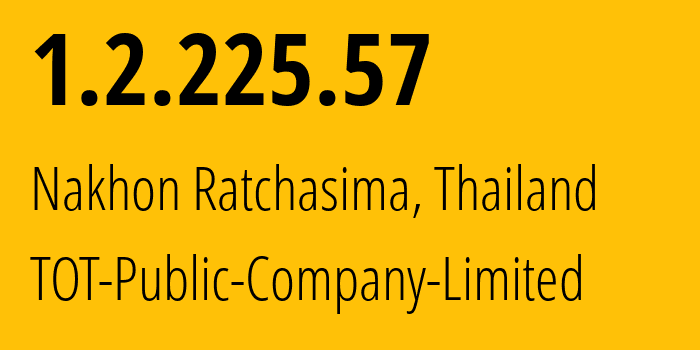 IP-адрес 1.2.225.57 (Накхонратчасима, Накхонратчасима, Таиланд) определить местоположение, координаты на карте, ISP провайдер AS23969 TOT-Public-Company-Limited // кто провайдер айпи-адреса 1.2.225.57