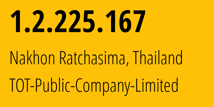 IP-адрес 1.2.225.167 (Накхонратчасима, Накхонратчасима, Таиланд) определить местоположение, координаты на карте, ISP провайдер AS23969 TOT-Public-Company-Limited // кто провайдер айпи-адреса 1.2.225.167