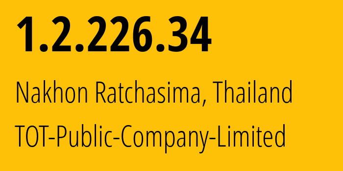 IP address 1.2.226.34 (Nakhon Ratchasima, Nakhon Ratchasima, Thailand) get location, coordinates on map, ISP provider AS23969 TOT-Public-Company-Limited // who is provider of ip address 1.2.226.34, whose IP address