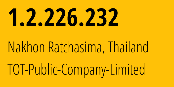 IP-адрес 1.2.226.232 (Накхонратчасима, Накхонратчасима, Таиланд) определить местоположение, координаты на карте, ISP провайдер AS23969 TOT-Public-Company-Limited // кто провайдер айпи-адреса 1.2.226.232