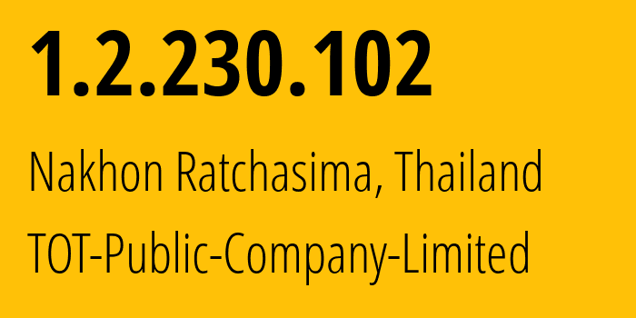 IP address 1.2.230.102 (Nakhon Ratchasima, Nakhon Ratchasima, Thailand) get location, coordinates on map, ISP provider AS23969 TOT-Public-Company-Limited // who is provider of ip address 1.2.230.102, whose IP address