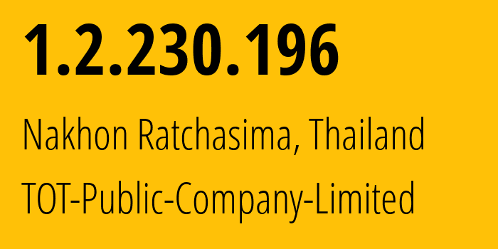IP-адрес 1.2.230.196 (Накхонратчасима, Накхонратчасима, Таиланд) определить местоположение, координаты на карте, ISP провайдер AS23969 TOT-Public-Company-Limited // кто провайдер айпи-адреса 1.2.230.196