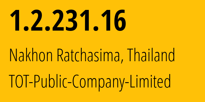 IP-адрес 1.2.231.16 (Накхонратчасима, Накхонратчасима, Таиланд) определить местоположение, координаты на карте, ISP провайдер AS23969 TOT-Public-Company-Limited // кто провайдер айпи-адреса 1.2.231.16