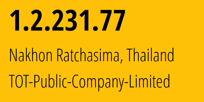 IP-адрес 1.2.231.77 (Накхонратчасима, Накхонратчасима, Таиланд) определить местоположение, координаты на карте, ISP провайдер AS23969 TOT-Public-Company-Limited // кто провайдер айпи-адреса 1.2.231.77