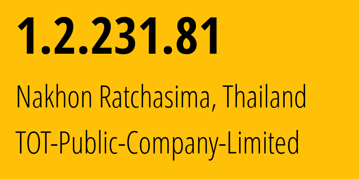 IP-адрес 1.2.231.81 (Накхонратчасима, Накхонратчасима, Таиланд) определить местоположение, координаты на карте, ISP провайдер AS23969 TOT-Public-Company-Limited // кто провайдер айпи-адреса 1.2.231.81