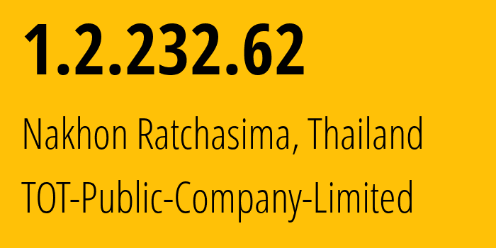IP address 1.2.232.62 (Nakhon Ratchasima, Nakhon Ratchasima, Thailand) get location, coordinates on map, ISP provider AS23969 TOT-Public-Company-Limited // who is provider of ip address 1.2.232.62, whose IP address