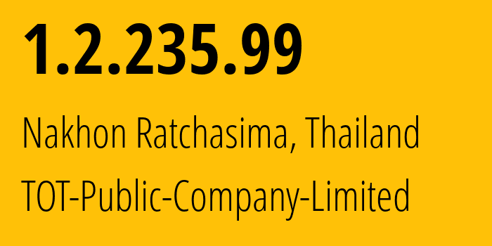 IP address 1.2.235.99 (Nakhon Ratchasima, Nakhon Ratchasima, Thailand) get location, coordinates on map, ISP provider AS23969 TOT-Public-Company-Limited // who is provider of ip address 1.2.235.99, whose IP address