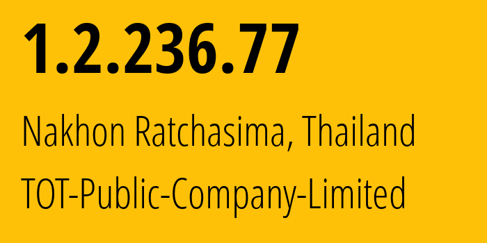 IP address 1.2.236.77 (Nakhon Ratchasima, Nakhon Ratchasima, Thailand) get location, coordinates on map, ISP provider AS23969 TOT-Public-Company-Limited // who is provider of ip address 1.2.236.77, whose IP address