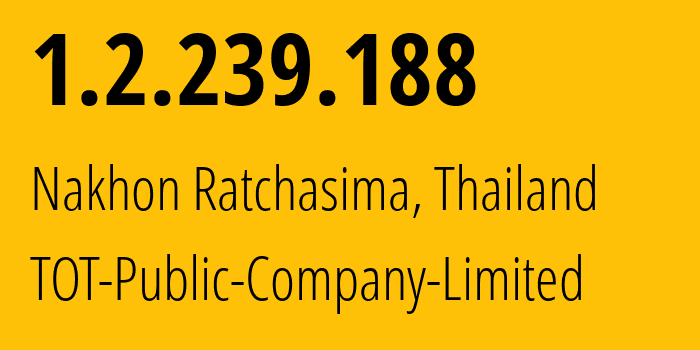 IP-адрес 1.2.239.188 (Накхонратчасима, Накхонратчасима, Таиланд) определить местоположение, координаты на карте, ISP провайдер AS23969 TOT-Public-Company-Limited // кто провайдер айпи-адреса 1.2.239.188