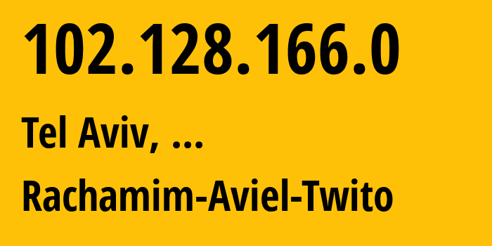 IP address 102.128.166.0 (Tel Aviv, Tel Aviv, ...) get location, coordinates on map, ISP provider AS35758 Rachamim-Aviel-Twito // who is provider of ip address 102.128.166.0, whose IP address