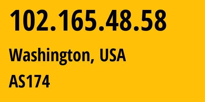 IP address 102.165.48.58 (Washington, District of Columbia, USA) get location, coordinates on map, ISP provider AS174 AS174 // who is provider of ip address 102.165.48.58, whose IP address