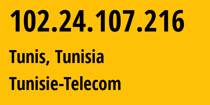 IP address 102.24.107.216 (Tunis, Tunis Governorate, Tunisia) get location, coordinates on map, ISP provider AS327934 Tunisie-Telecom // who is provider of ip address 102.24.107.216, whose IP address