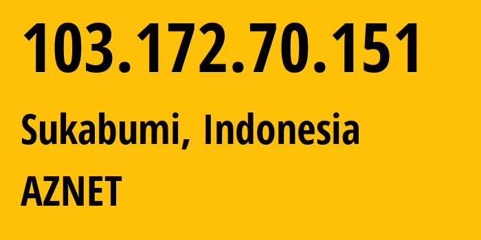 IP address 103.172.70.151 (Sukabumi, West Java, Indonesia) get location, coordinates on map, ISP provider AS142386 AZNET // who is provider of ip address 103.172.70.151, whose IP address