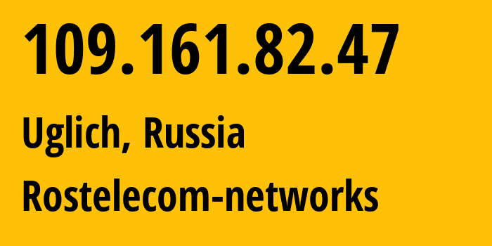 IP address 109.161.82.47 (Uglich, Yaroslavl Oblast, Russia) get location, coordinates on map, ISP provider AS12389 Rostelecom-networks // who is provider of ip address 109.161.82.47, whose IP address