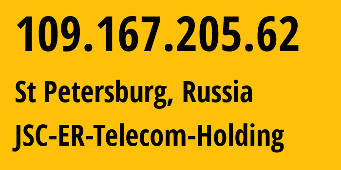 IP-адрес 109.167.205.62 (Санкт-Петербург, Санкт-Петербург, Россия) определить местоположение, координаты на карте, ISP провайдер AS25408 JSC-ER-Telecom-Holding // кто провайдер айпи-адреса 109.167.205.62