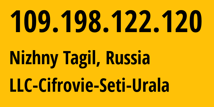 IP-адрес 109.198.122.120 (Нижний Тагил, Свердловская Область, Россия) определить местоположение, координаты на карте, ISP провайдер AS35815 LLC-Cifrovie-Seti-Urala // кто провайдер айпи-адреса 109.198.122.120