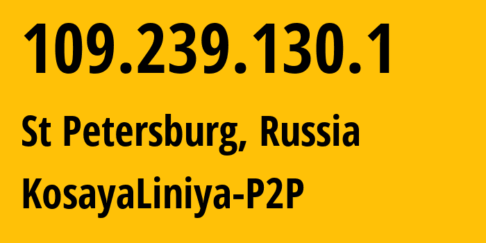 IP-адрес 109.239.130.1 (Санкт-Петербург, Санкт-Петербург, Россия) определить местоположение, координаты на карте, ISP провайдер AS31500 KosayaLiniya-P2P // кто провайдер айпи-адреса 109.239.130.1