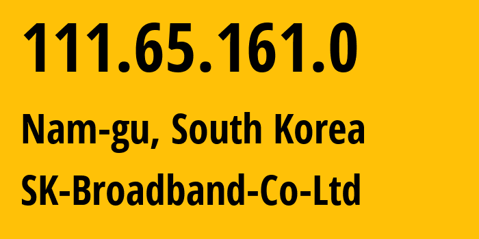 IP address 111.65.161.0 (Nam-gu, Daegu, South Korea) get location, coordinates on map, ISP provider AS17573 SK-Broadband-Co-Ltd // who is provider of ip address 111.65.161.0, whose IP address