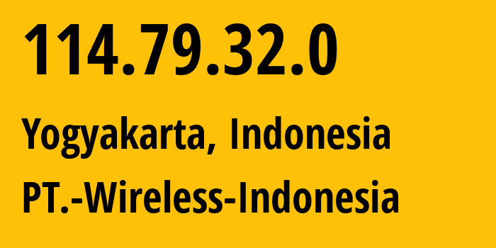 IP address 114.79.32.0 (Yogyakarta, Yogyakarta, Indonesia) get location, coordinates on map, ISP provider AS18004 PT.-Wireless-Indonesia // who is provider of ip address 114.79.32.0, whose IP address