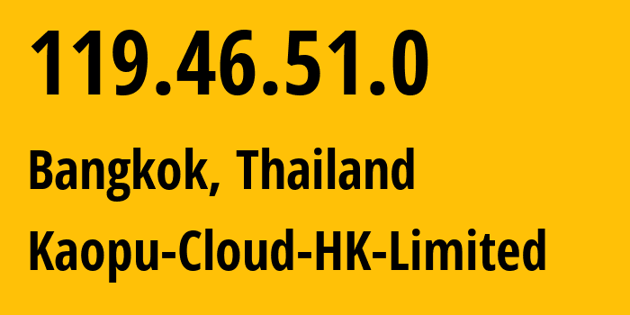 IP address 119.46.51.0 (Bangkok, Bangkok, Thailand) get location, coordinates on map, ISP provider AS138915 Kaopu-Cloud-HK-Limited // who is provider of ip address 119.46.51.0, whose IP address