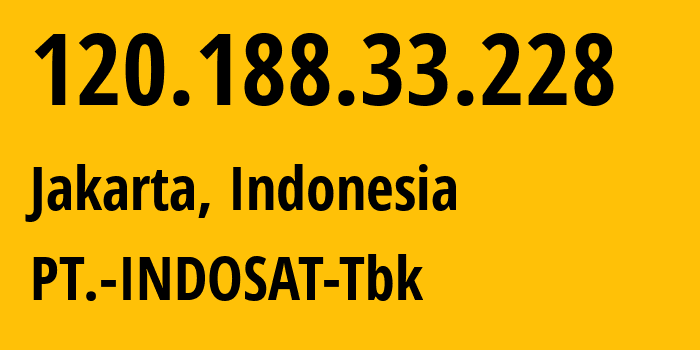 IP-адрес 120.188.33.228 (Джакарта, Jakarta, Индонезия) определить местоположение, координаты на карте, ISP провайдер AS4761 PT.-INDOSAT-Tbk // кто провайдер айпи-адреса 120.188.33.228