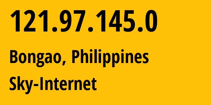 IP address 121.97.145.0 (Bongao, Autonomous Region in Muslim Mindanao, Philippines) get location, coordinates on map, ISP provider AS6648 Sky-Internet // who is provider of ip address 121.97.145.0, whose IP address