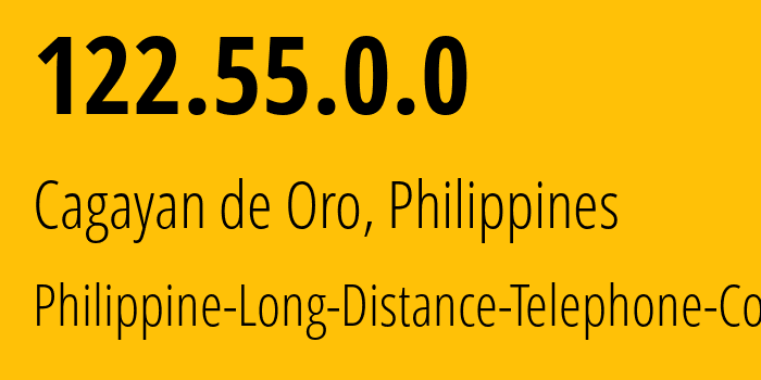 IP address 122.55.0.0 (Mandaluyong, Metro Manila, Philippines) get location, coordinates on map, ISP provider AS9299 Philippine-Long-Distance-Telephone-Co. // who is provider of ip address 122.55.0.0, whose IP address