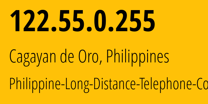 IP address 122.55.0.255 (Cagayan de Oro, Northern Mindanao, Philippines) get location, coordinates on map, ISP provider AS9299 Philippine-Long-Distance-Telephone-Co. // who is provider of ip address 122.55.0.255, whose IP address