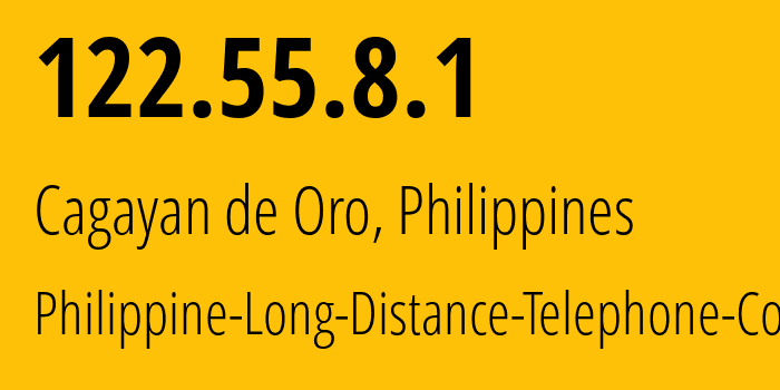 IP address 122.55.8.1 (Cagayan de Oro, Northern Mindanao, Philippines) get location, coordinates on map, ISP provider AS9299 Philippine-Long-Distance-Telephone-Co. // who is provider of ip address 122.55.8.1, whose IP address