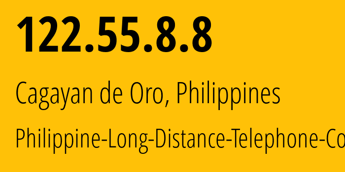 IP address 122.55.8.8 (Mandaluyong, Metro Manila, Philippines) get location, coordinates on map, ISP provider AS9299 Philippine-Long-Distance-Telephone-Co. // who is provider of ip address 122.55.8.8, whose IP address