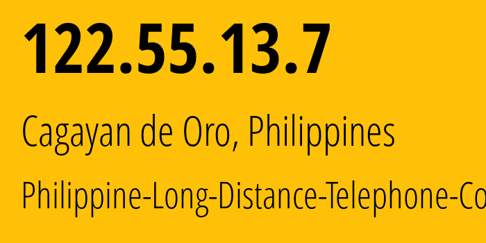 IP address 122.55.13.7 (Cagayan de Oro, Northern Mindanao, Philippines) get location, coordinates on map, ISP provider AS9299 Philippine-Long-Distance-Telephone-Co. // who is provider of ip address 122.55.13.7, whose IP address