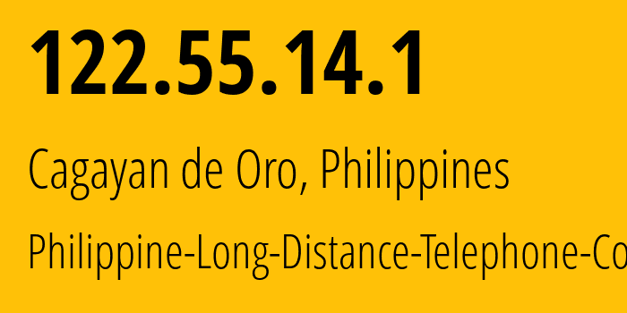 IP address 122.55.14.1 (Cagayan de Oro, Northern Mindanao, Philippines) get location, coordinates on map, ISP provider AS9299 Philippine-Long-Distance-Telephone-Co. // who is provider of ip address 122.55.14.1, whose IP address