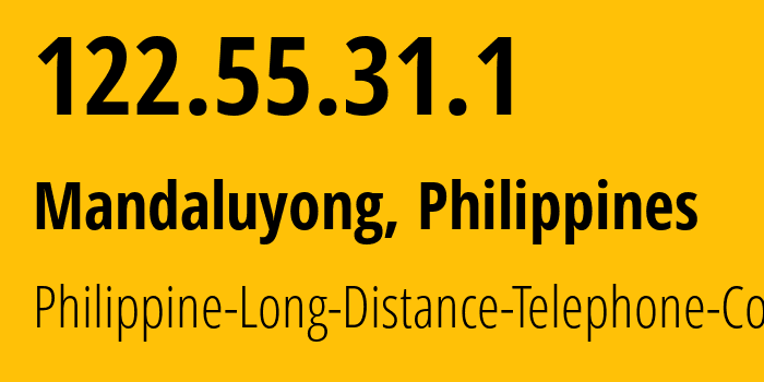 IP address 122.55.31.1 (Dasmariñas, Calabarzon, Philippines) get location, coordinates on map, ISP provider AS9299 Philippine-Long-Distance-Telephone-Co. // who is provider of ip address 122.55.31.1, whose IP address