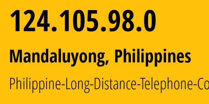 IP-адрес 124.105.98.0 (Мандалуионг, Metro Manila, Филиппины) определить местоположение, координаты на карте, ISP провайдер AS9299 Philippine-Long-Distance-Telephone-Co. // кто провайдер айпи-адреса 124.105.98.0