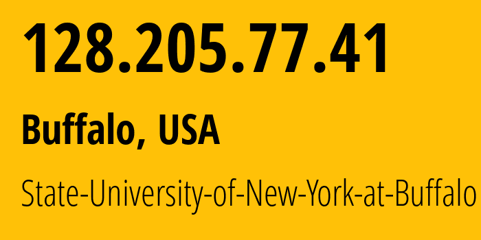 IP-адрес 128.205.77.41 (Буффало, Нью-Йорк, США) определить местоположение, координаты на карте, ISP провайдер AS3685 State-University-of-New-York-at-Buffalo // кто провайдер айпи-адреса 128.205.77.41