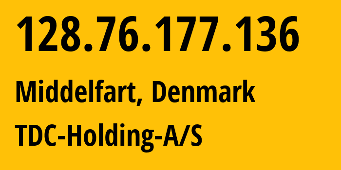 IP address 128.76.177.136 (Middelfart, South Denmark, Denmark) get location, coordinates on map, ISP provider AS3292 TDC-Holding-A/S // who is provider of ip address 128.76.177.136, whose IP address