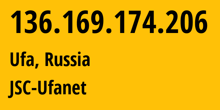 IP-адрес 136.169.174.206 (Уфа, Башкортостан, Россия) определить местоположение, координаты на карте, ISP провайдер AS24955 JSC-Ufanet // кто провайдер айпи-адреса 136.169.174.206